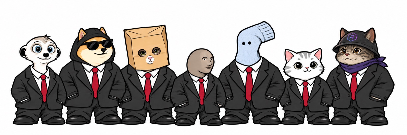 Seven meme mascots from the StonkFun top 50, each wearing a black suit, white shirt and red tie